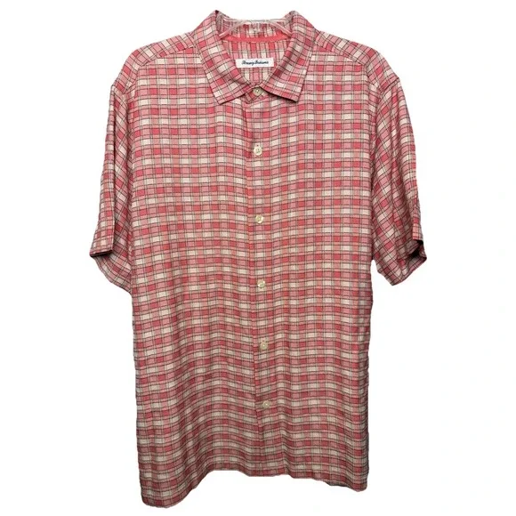 Tommy Bahama Men's XL‎ Red White Plaid Short Sleeve Button Down 100% Silk - Picture 2 of 9